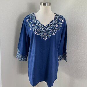 Quacker Factory Womens Plus 1X Embroidered 3/4 Sleeve Blue Top Shirt